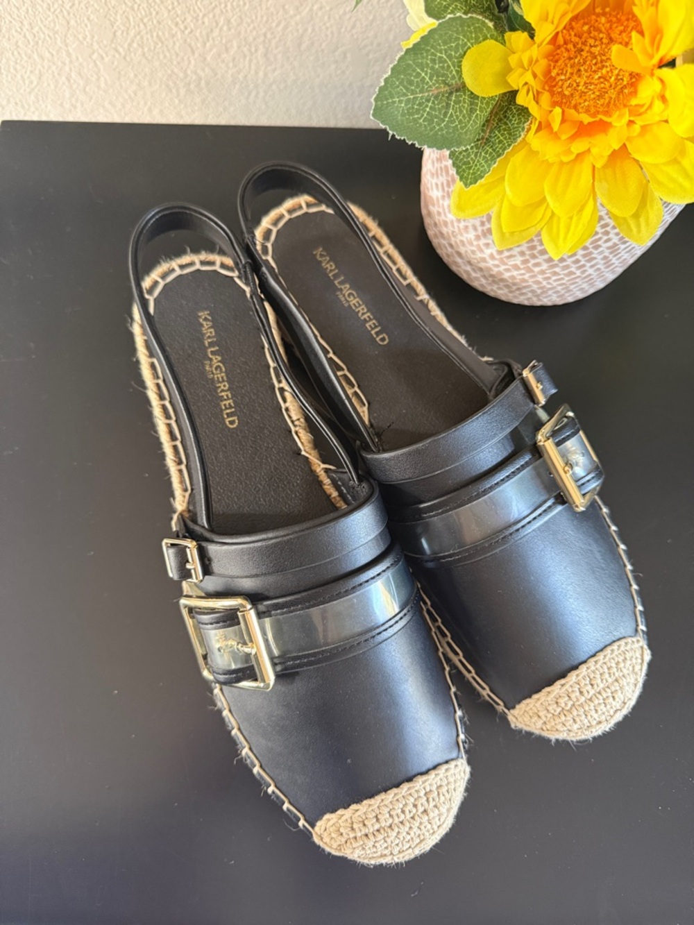 Karl Lagerfeld Black Espadrille Slingback Sandals with Gold Buckle - Picture 5 of 10